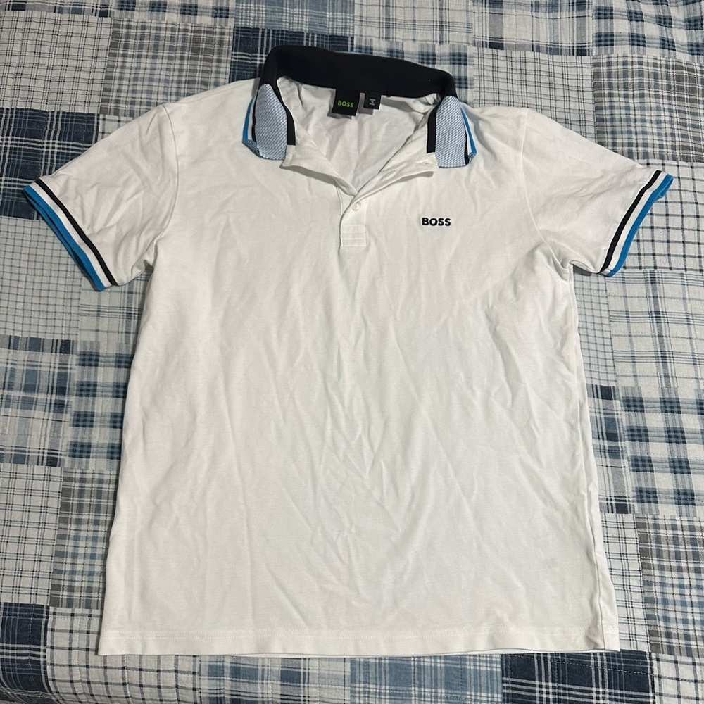 Boss White Polo Shirt with Black and Blue Details